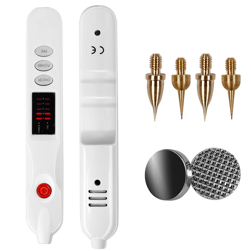 White plasma pen for skin tag, mole, and freckle removal with digital display, gold needles, and attachment heads.