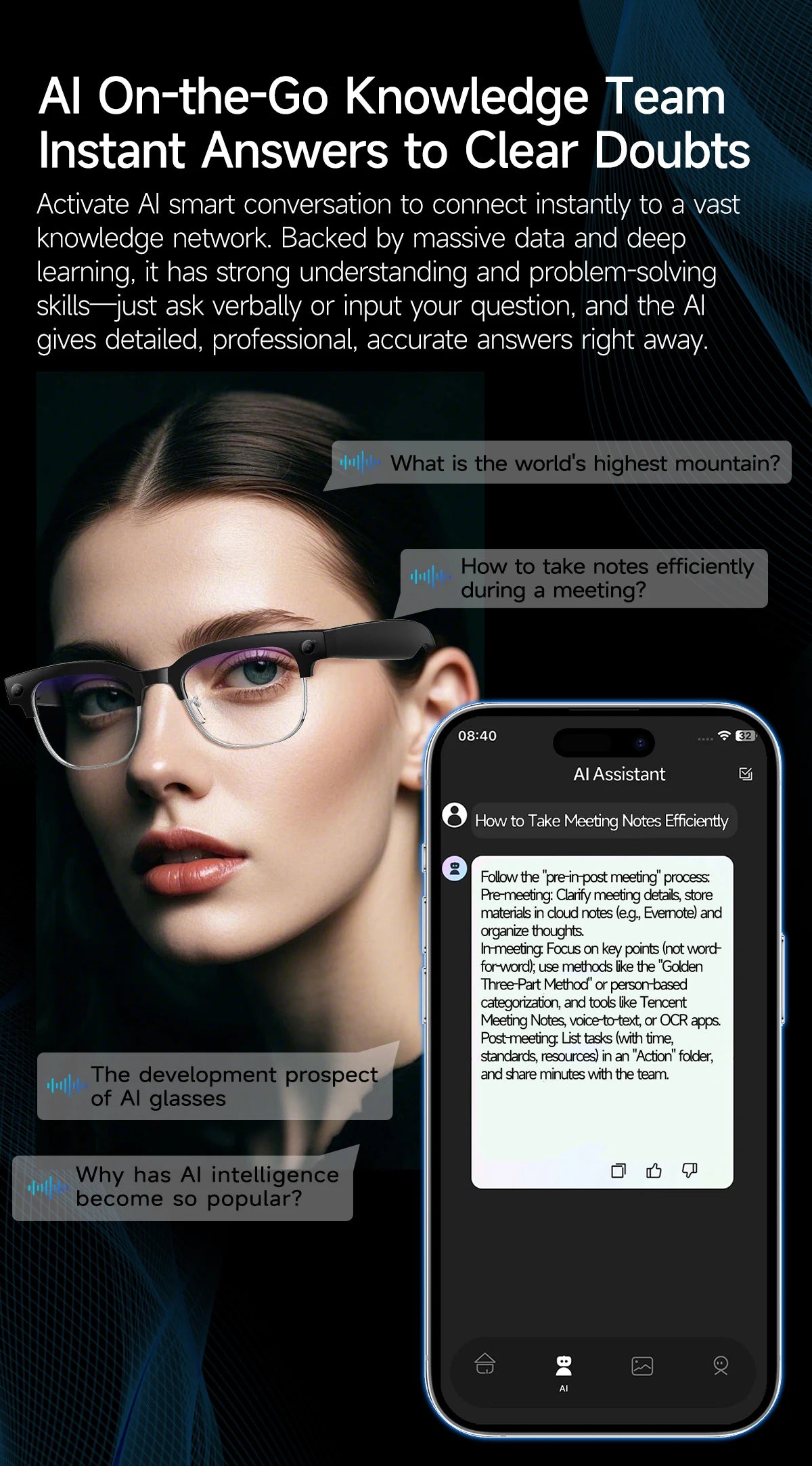 AI Smart Glasses with 8K Camera - Black Bluetooth Mixed Reality Headset Tidesmit