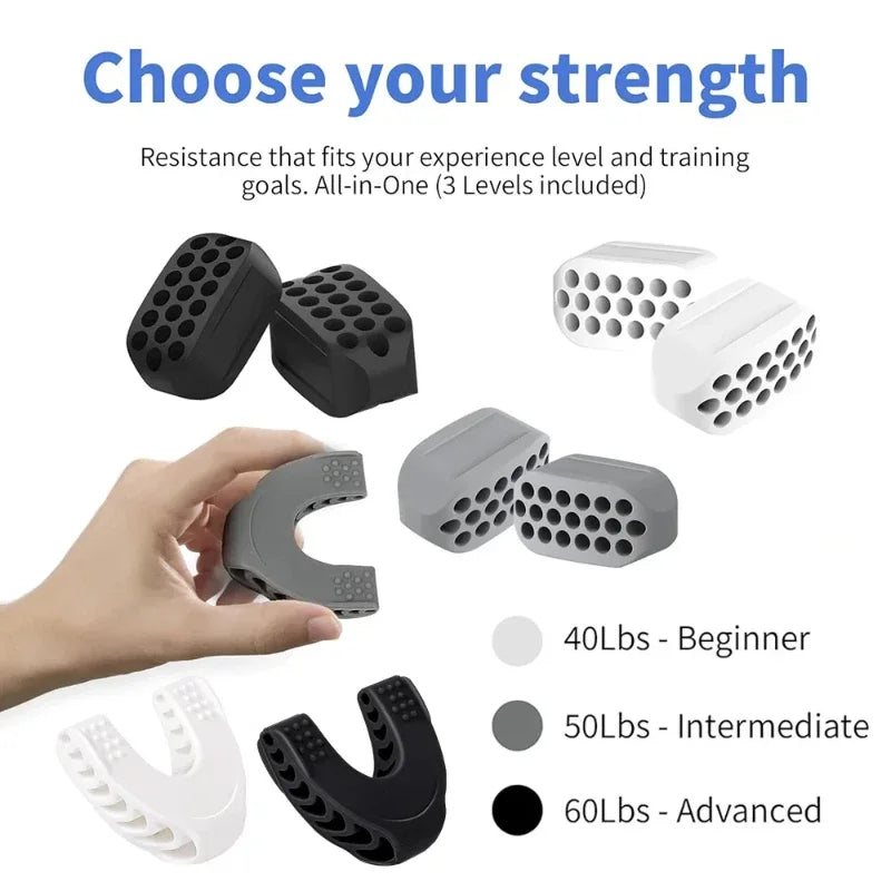 Three pairs of silicone jaw exercisers in black, grey, and white with varying resistance levels for face toning.