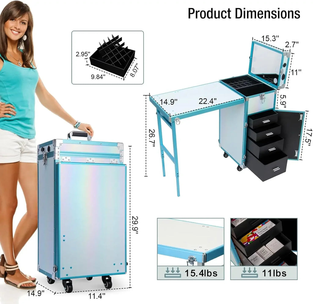 Rolling Manicure Table | Foldable Makeup Train Case - Tidesmit Massage Chairs Tidesmit