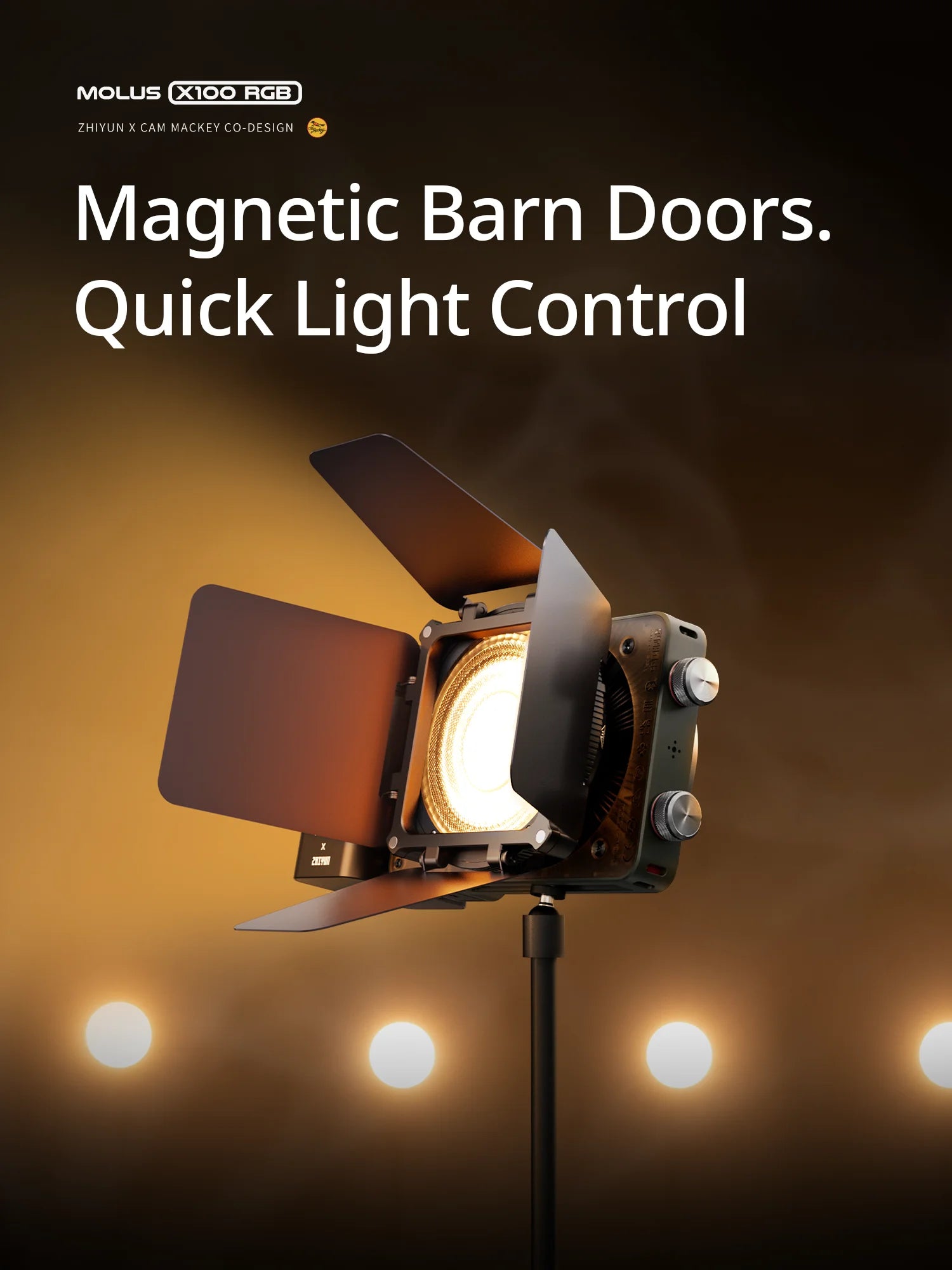Black magnetic barn doors attached to a small, rectangular LED video light, used to shape and control light output.