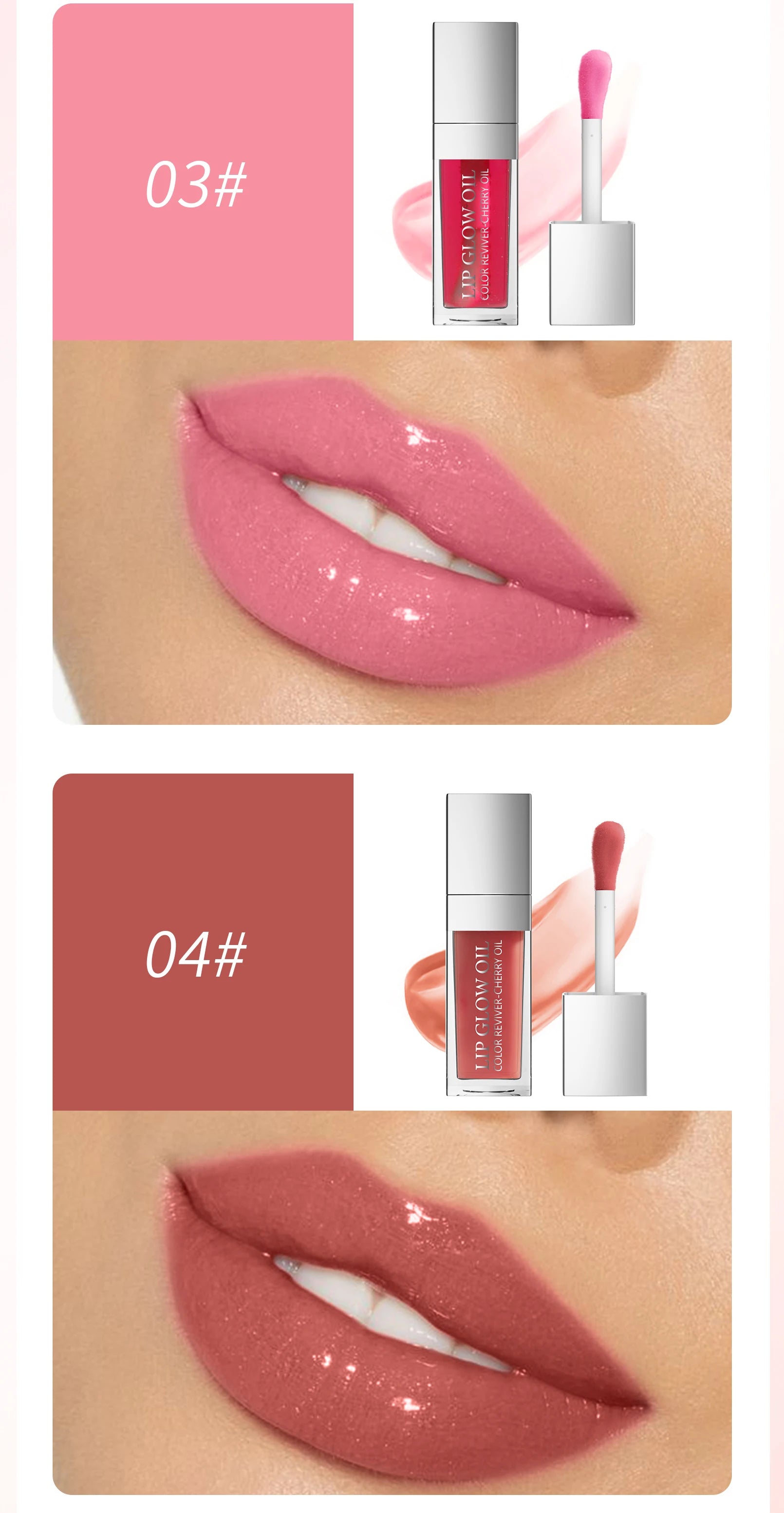 Crystal jelly moisturizing lip oil in pink and nude shades for a plumping, high-shine, tinted glossy finish.