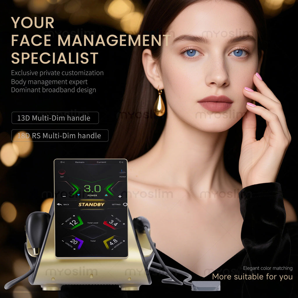 Tidesmit 22D MAX HIFU beauty machine side view showing facial tightening and fat reduction treatment head