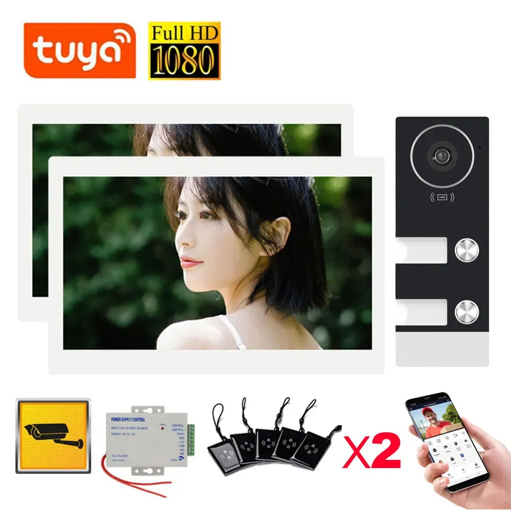 WiFi video doorbell intercom kit: black outdoor panel with camera and 3 buttons
