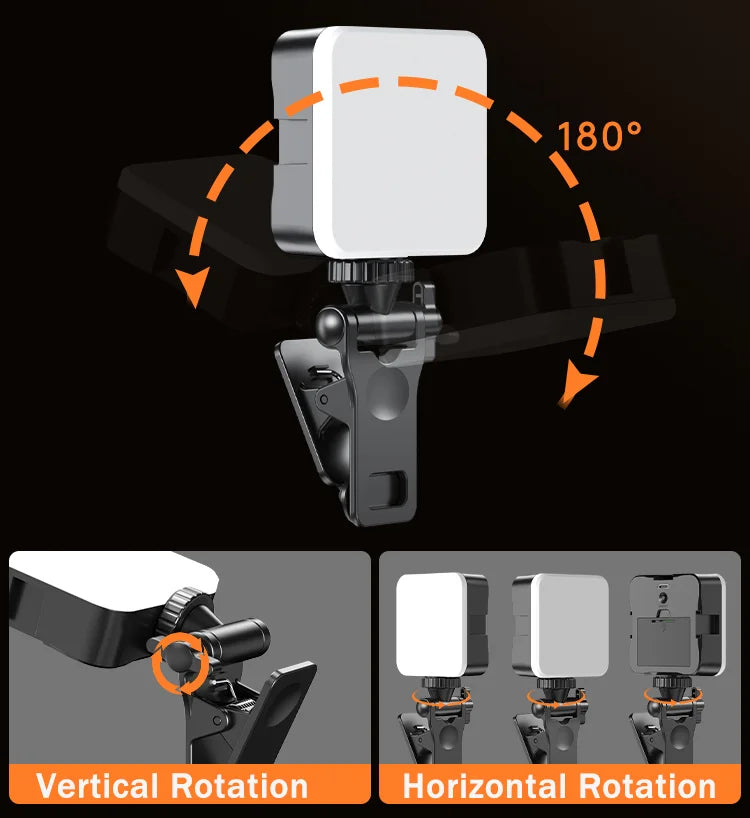 Square LED clip-on light with adjustable swivel mount for flexible vertical and horizontal lighting angles.