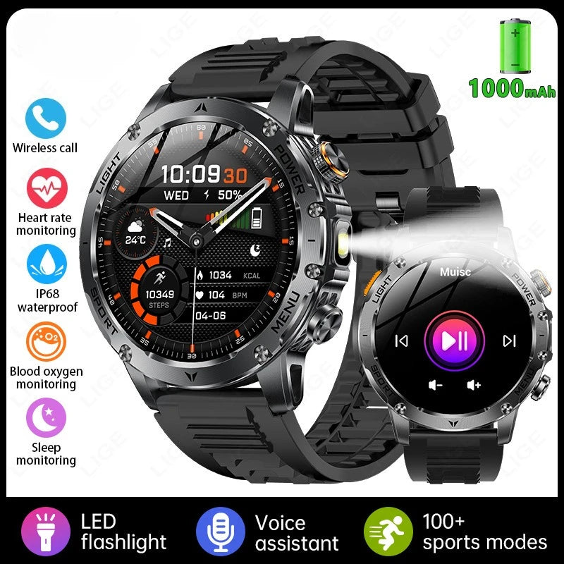 2026 New Military Smart Watch 1000Mah Battery Fitness Tracking 10ATM Waterproof Tactics Sport Flashlight call Bracelet For Men
