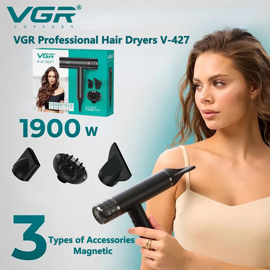 VGR V-427 black professional ionic hair dryer with brushless motor, 3 magnetic attachments, and 1900W salon-grade power.