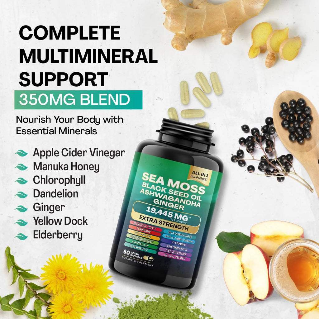 Sea Moss 3000mg Black Seed Oil Capsules Ashwagandha SHILAJIT Ginseng Chlorophyll for Women & Men Boosting Bone Skin Health