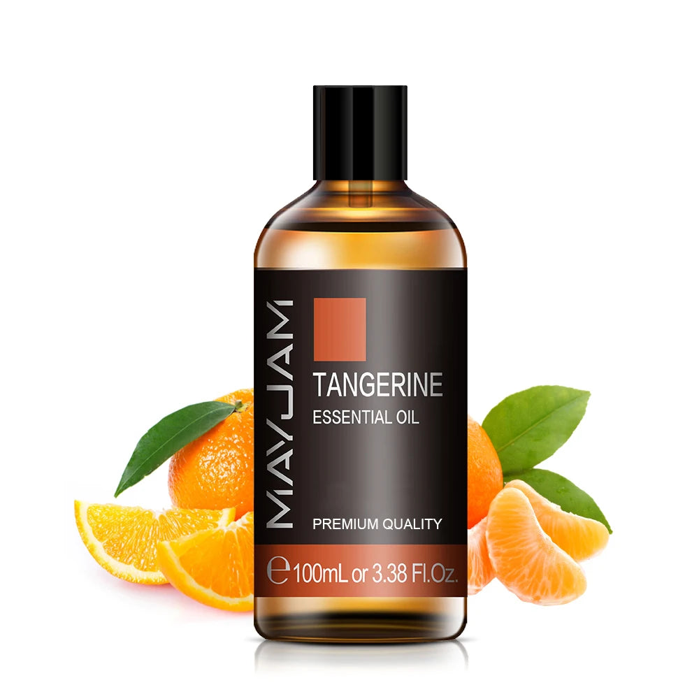 Tangerine essential oil bottle, amber glass with black pump cap, 100ml label