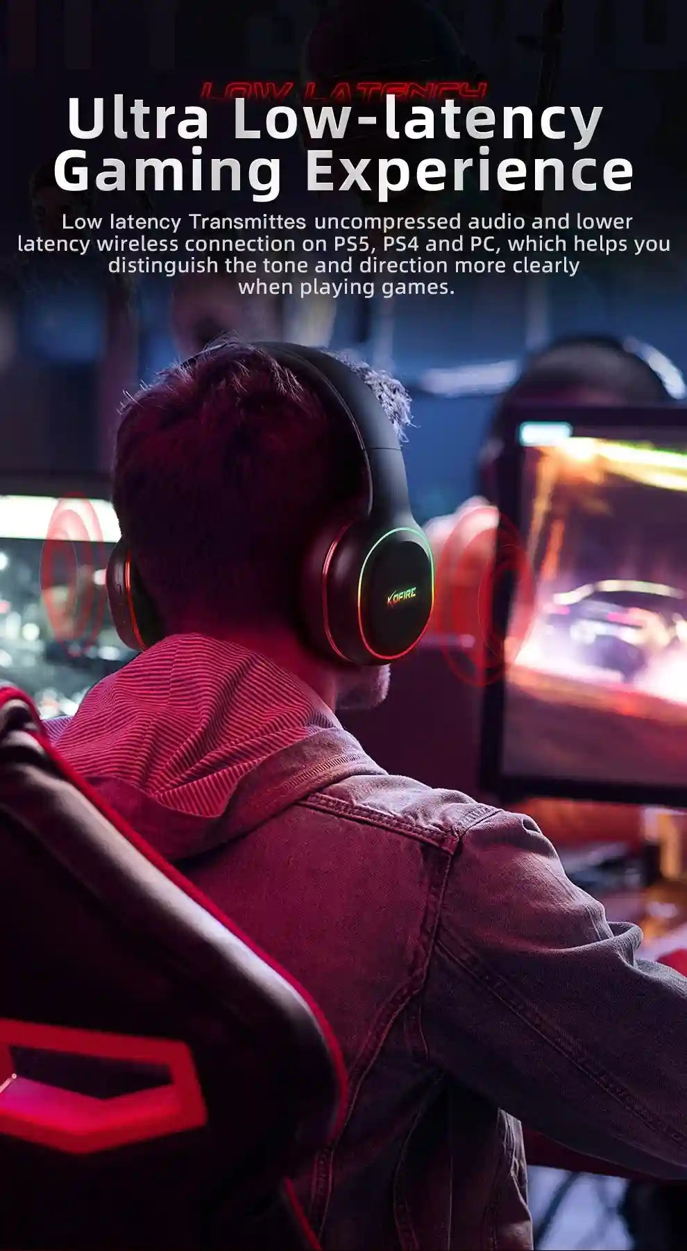 Wireless Gaming Headphones with Low Latency Audio and RGB Lights Tidesmit