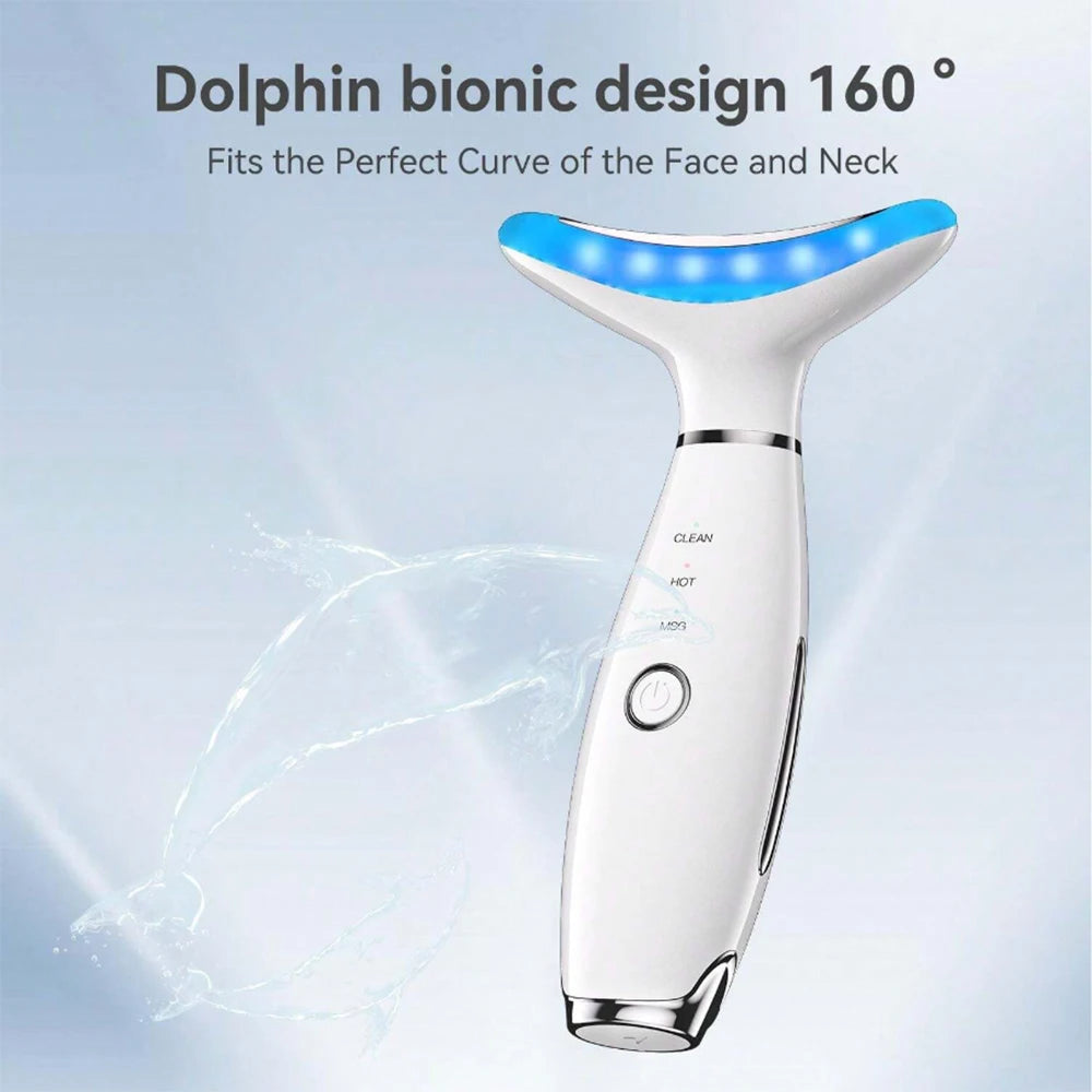 White, dolphin-shaped facial and neck massager with a curved, glowing blue light head and a central power button.