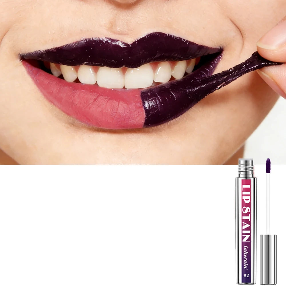 Waterproof peel-off lip stain showing a dark purple color revealing a long-lasting pink tint on the lips.