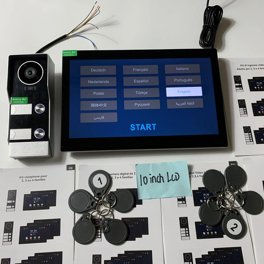 Black video doorbell intercom camera unit and 10-inch monitor showing language menu
