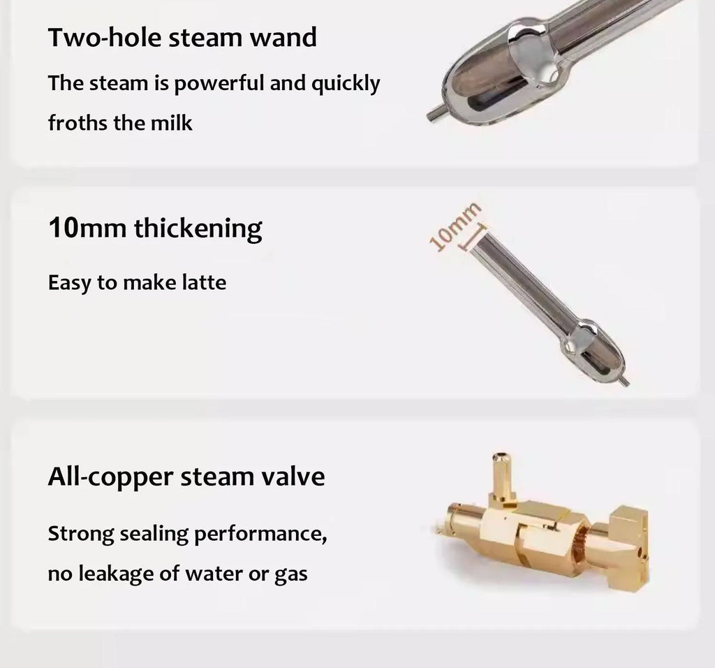 Espresso machine parts: two-hole 10mm steam wand and all-copper steam valve for professional milk frothing performance.