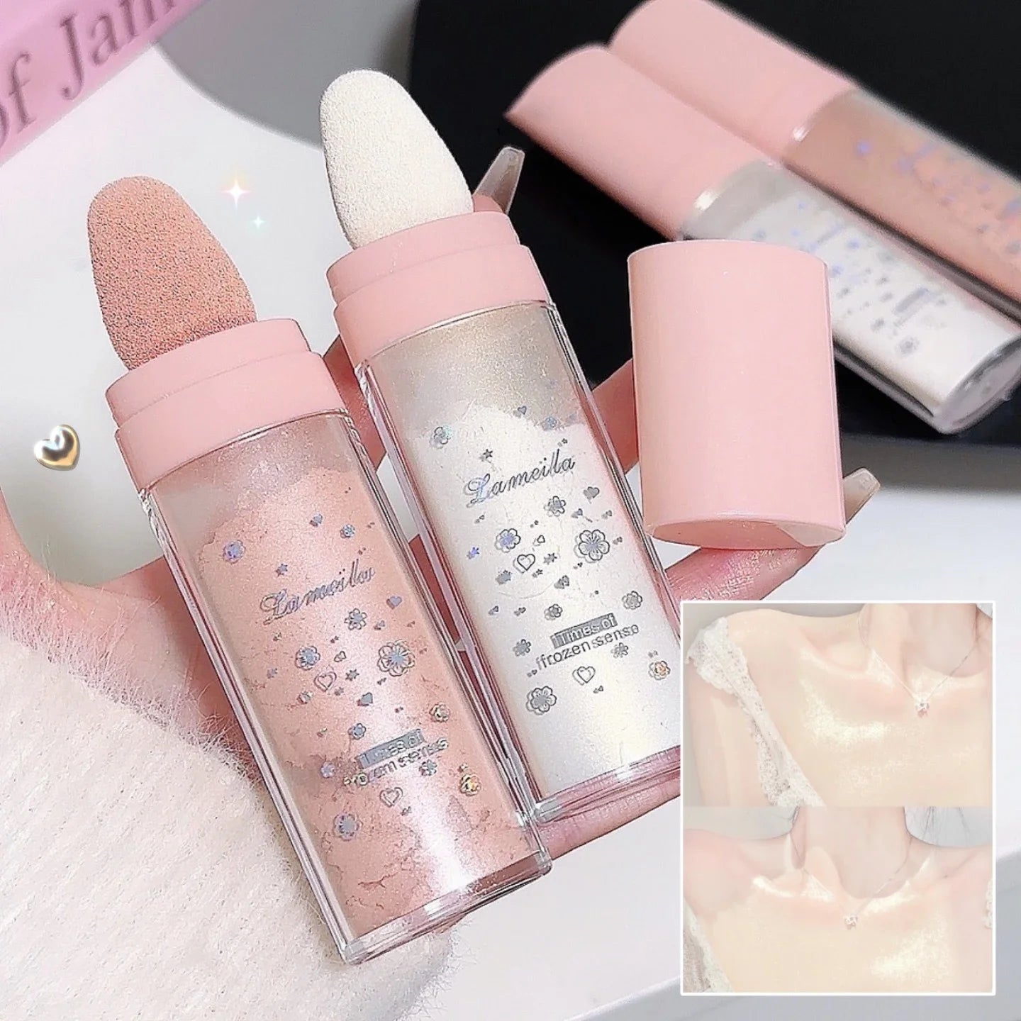 Tidesmit 3Colors glitter powder highlighter shade swatch for face makeup with shimmer finish and natural glow