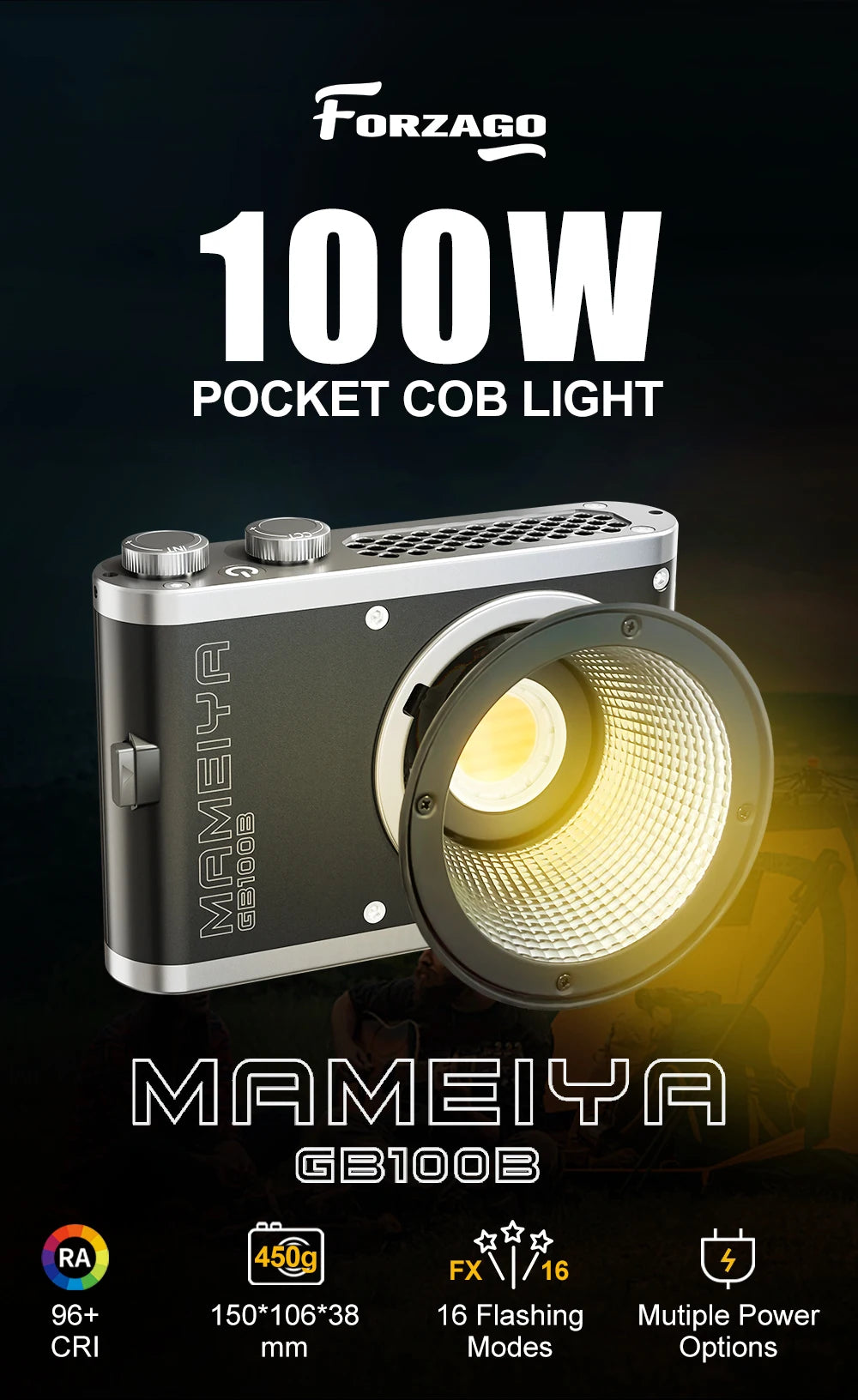 Mameiya GB100B 100W pocket COB LED light in a rectangular, grey metal casing with a circular light reflector.