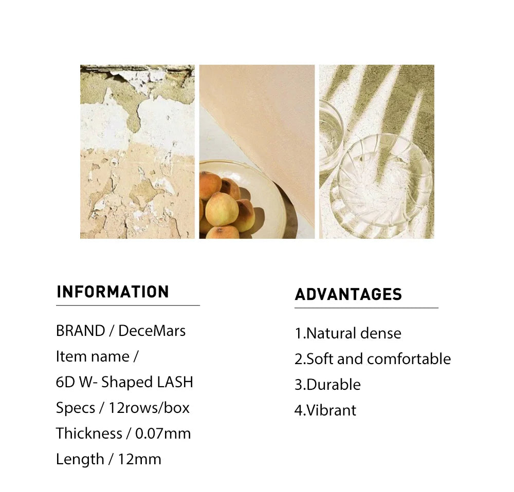 DeceMars 6D W-shaped eyelash extensions in a 12-row box, 0.07mm thickness, 12mm length, natural soft black fibers.