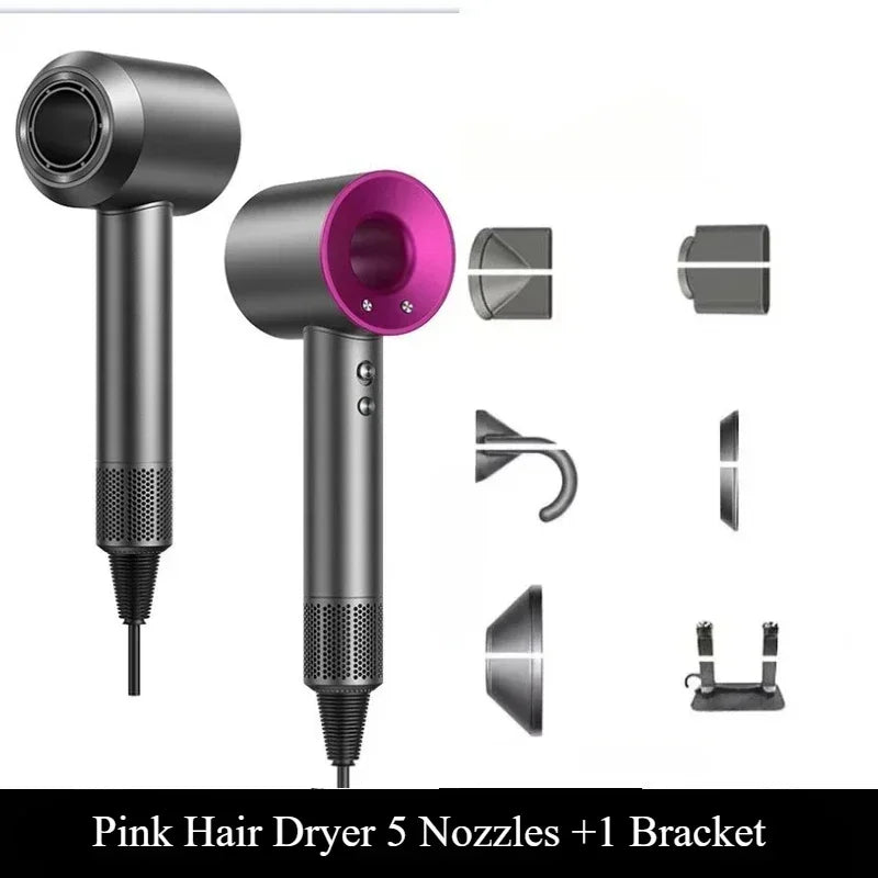 Professional ionic hair dryer with 5 styling attachments and wall bracket in sleek grey and pink design for blowouts.