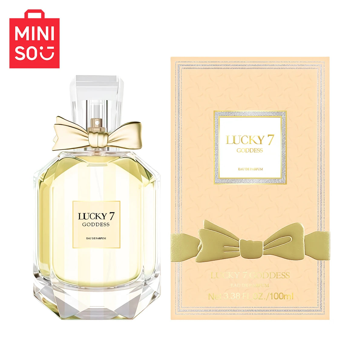 MINISO Lucky 7 Goddess EDP for women: 100ml floral luxury perfume in faceted glass bottle with a golden bow.