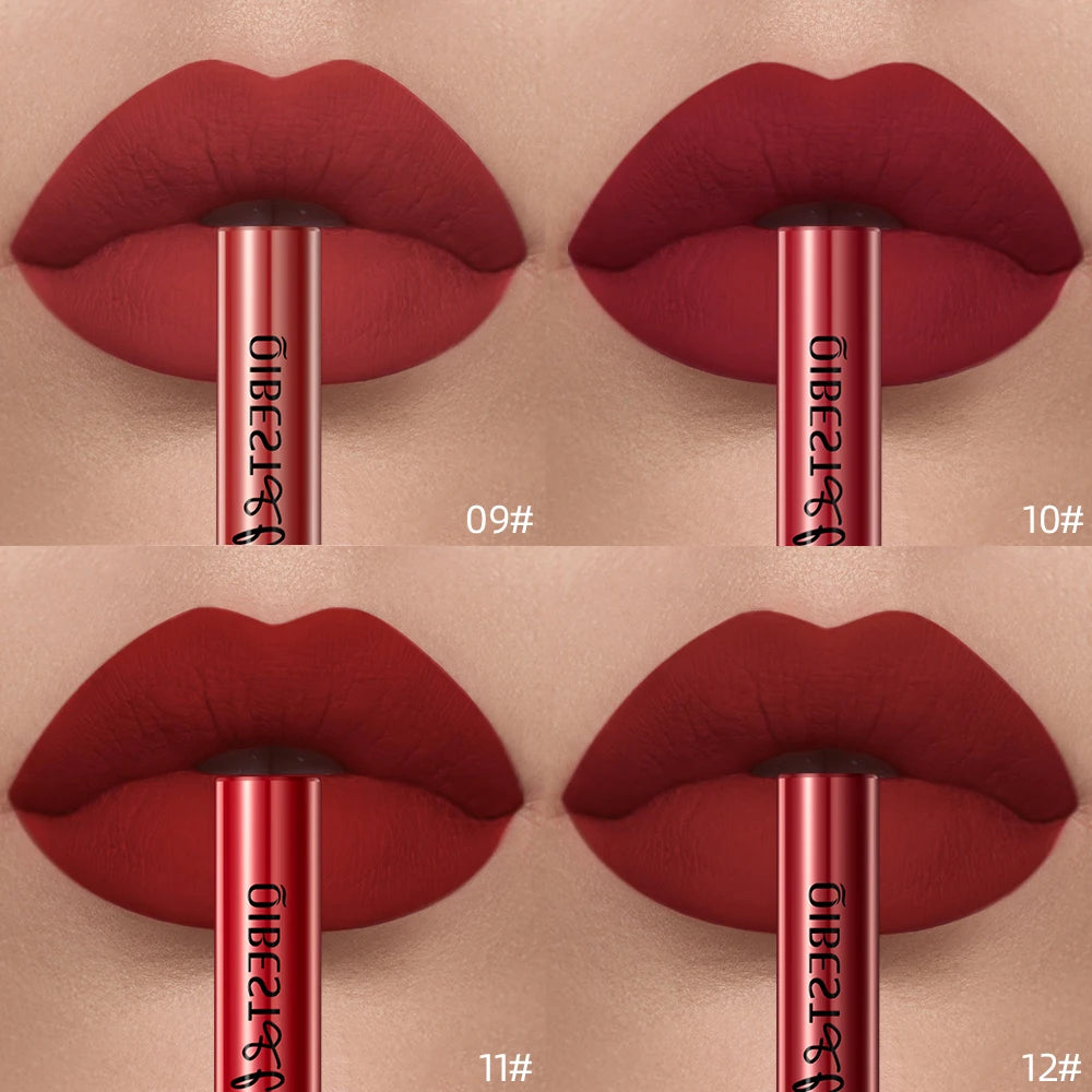 QIBEST velvet matte liquid lipstick swatches in four shades of sexy red with a smooth, nonstick long-lasting finish.