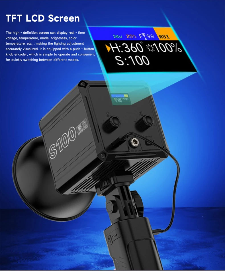 Black S100 LED video light with a rear TFT LCD screen, control knobs, and a power port for photography lighting.
