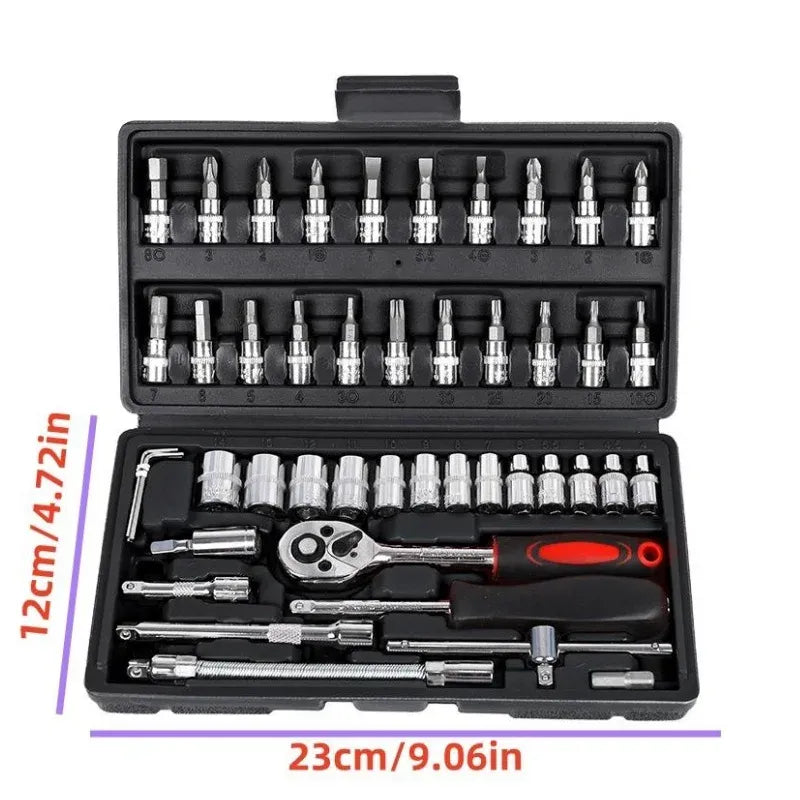 Car repair tool set case showing socket rows and red-accent ratchet wrench