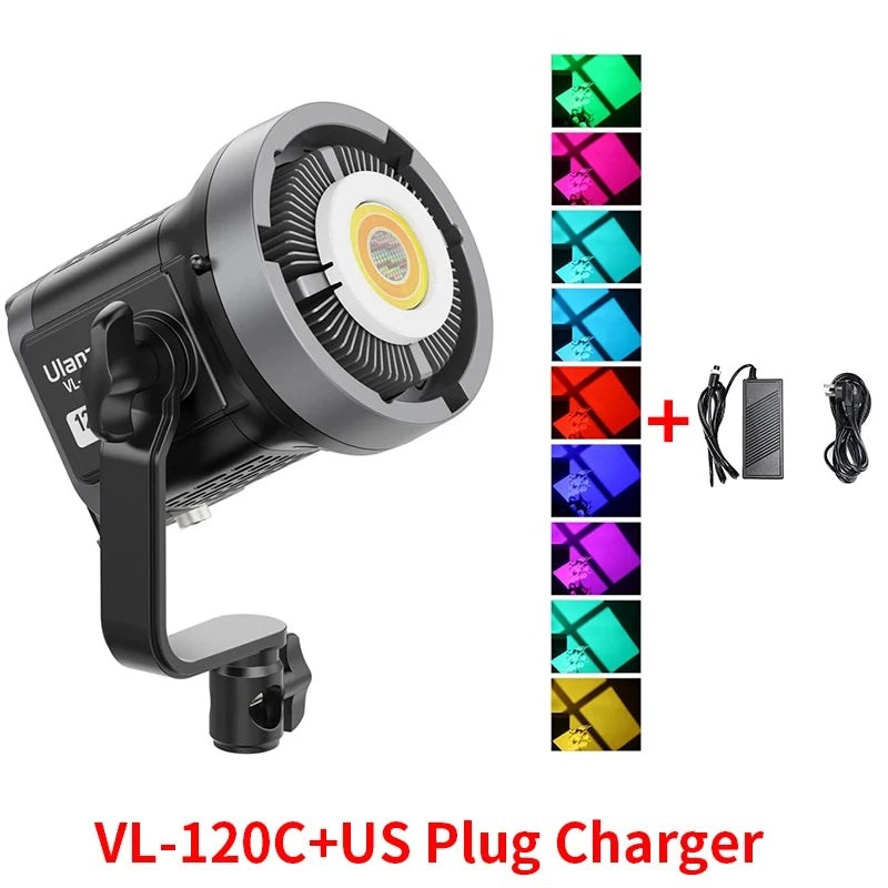 VL-120C LED video light with mounting bracket, color-changing display, and power adapter for photography.
