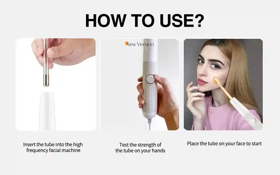 Three-step guide showing a white high-frequency facial wand with a glowing orange neon glass tube being used on skin.
