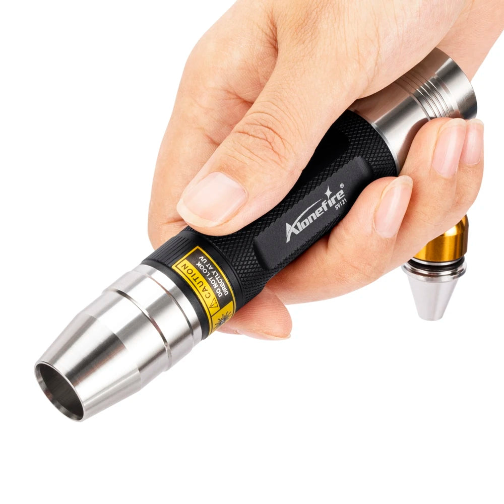 Handheld 3-in-1 USB rechargeable UV flashlight for detecting pet stains, jewelry, and jade with durable metal finish.