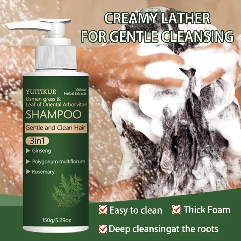 Usman Grass and Oriental Cedar Leaf Shampoo, strengthens hair roots, controls oil, cleanses the scalp, and promotes hair growth