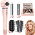 Pink 5-in-1 hot air styler set with dryer, auto-curlers, brush heads, and travel bag for professional hair styling.