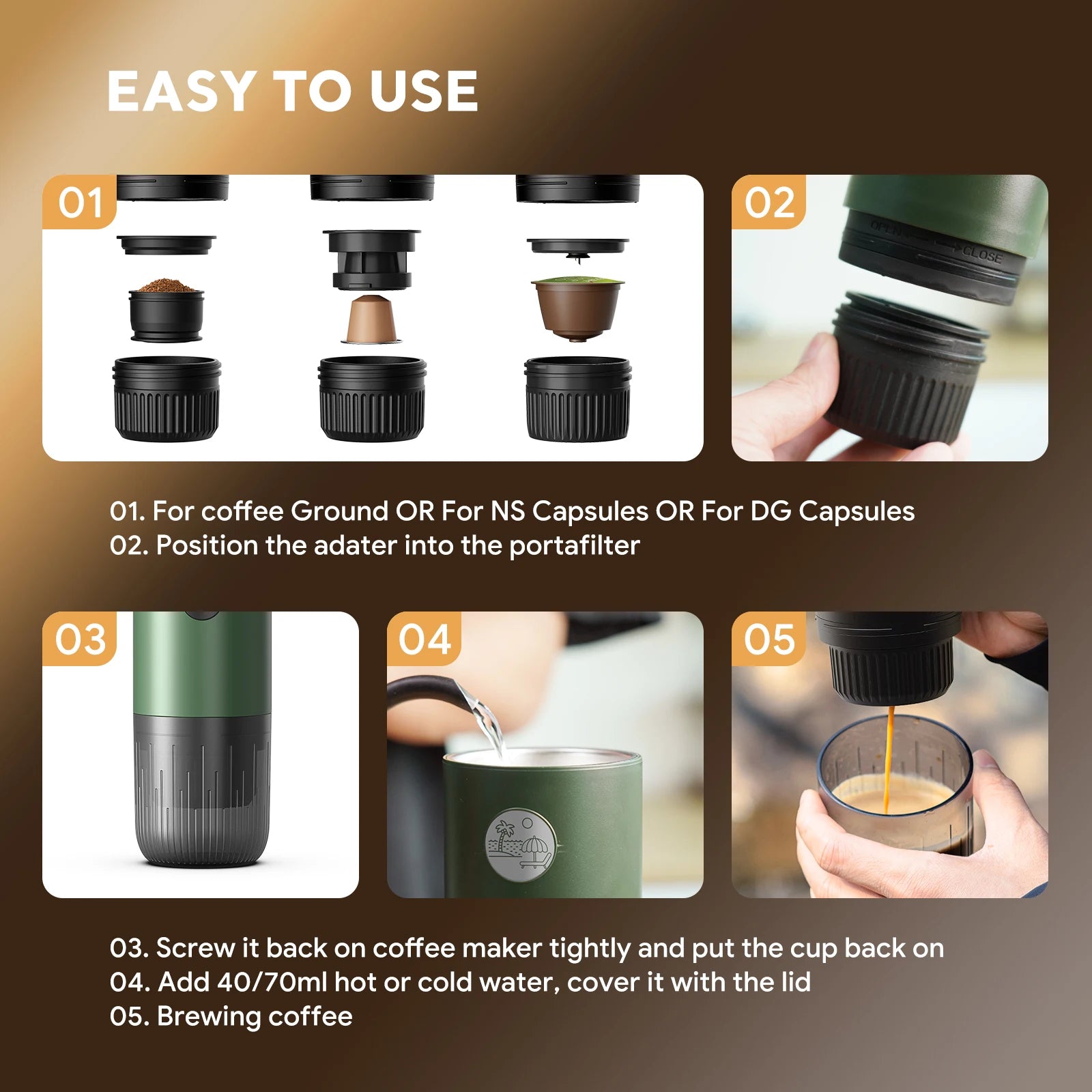 Portable green coffee maker steps: using grounds, NS or DG capsules, 40/70ml water capacity, and manual brewing guide.