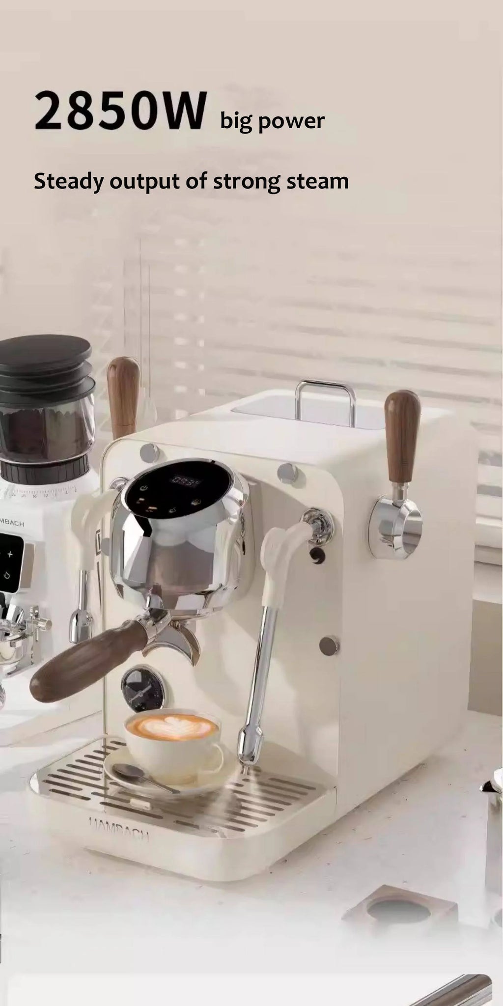 Hambach 2850W espresso machine in matte white with chrome accents, digital display, and wood-toned handle and levers.