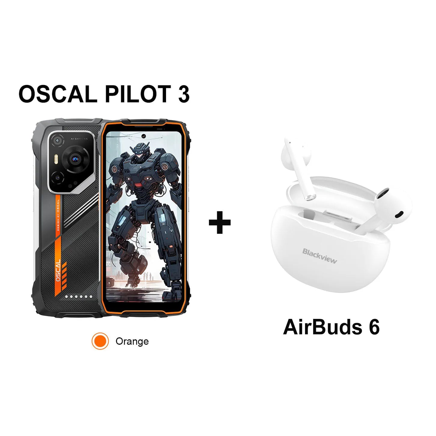 Blackview OSCAL PILOT 3 5G orange rugged smartphone with 2.4K display and Blackview AirBuds 6 wireless earbuds set.