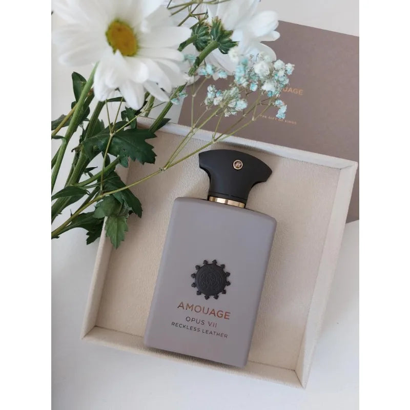 Amouage Opus VII Reckless Leather EDP: Luxury masculine woody aromatic perfume in a minimalist grey rectangular bottle.