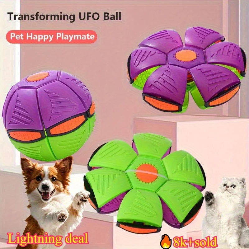 Durable transforming UFO dog ball toy in purple and green for interactive pet training, play, and exercise.