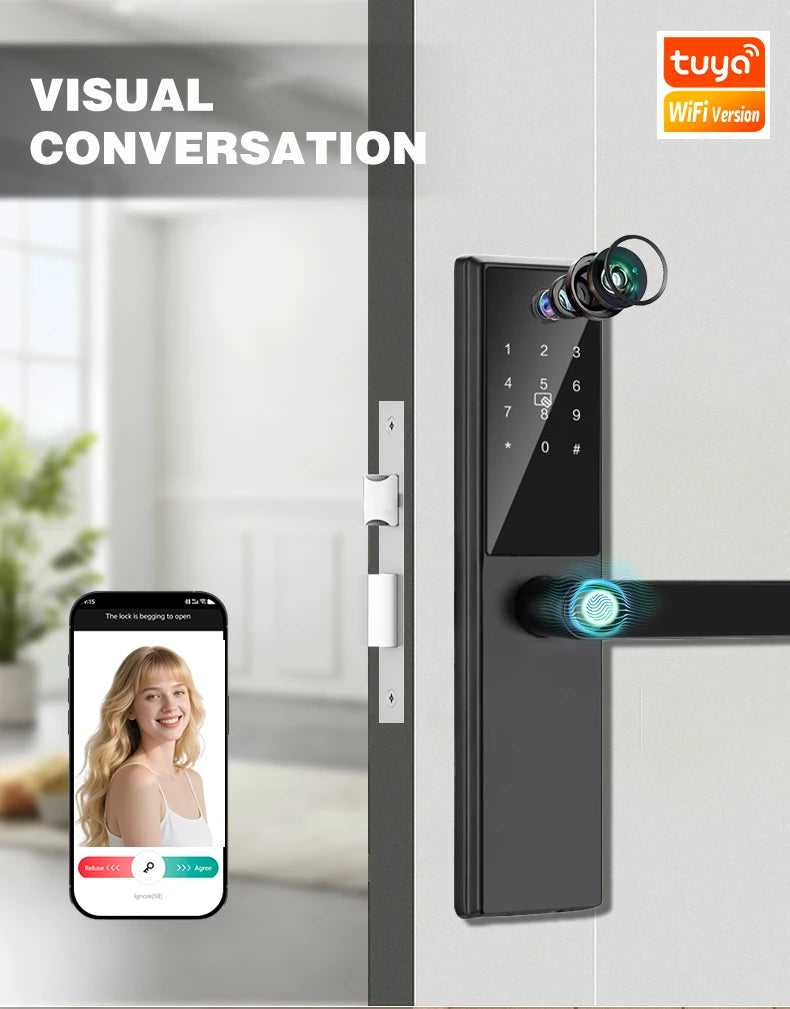 2025 New Tuya WiFi Digital Electronic Smart Wooden Door Lock With Biometric Camera Fingerprint Smart Home Remote Unlock