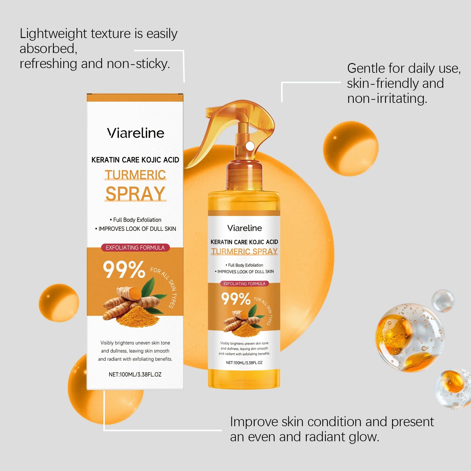 Kojic Acid Turmeric Exfoliating Spray Gentle Exfoliating Hydrating Moisturizer Smooth Brightening Dead Skin Calluses Removal