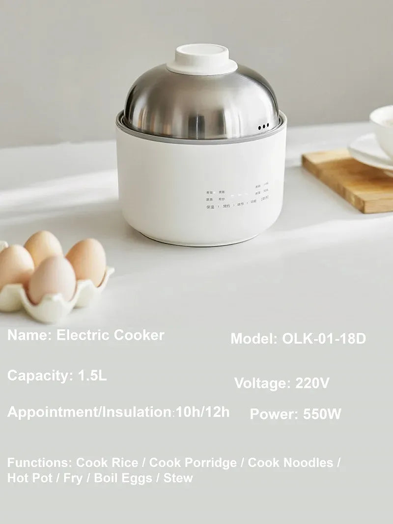 1.5L electric rice cooker with stainless steel lid and white ceramic non-stick pot