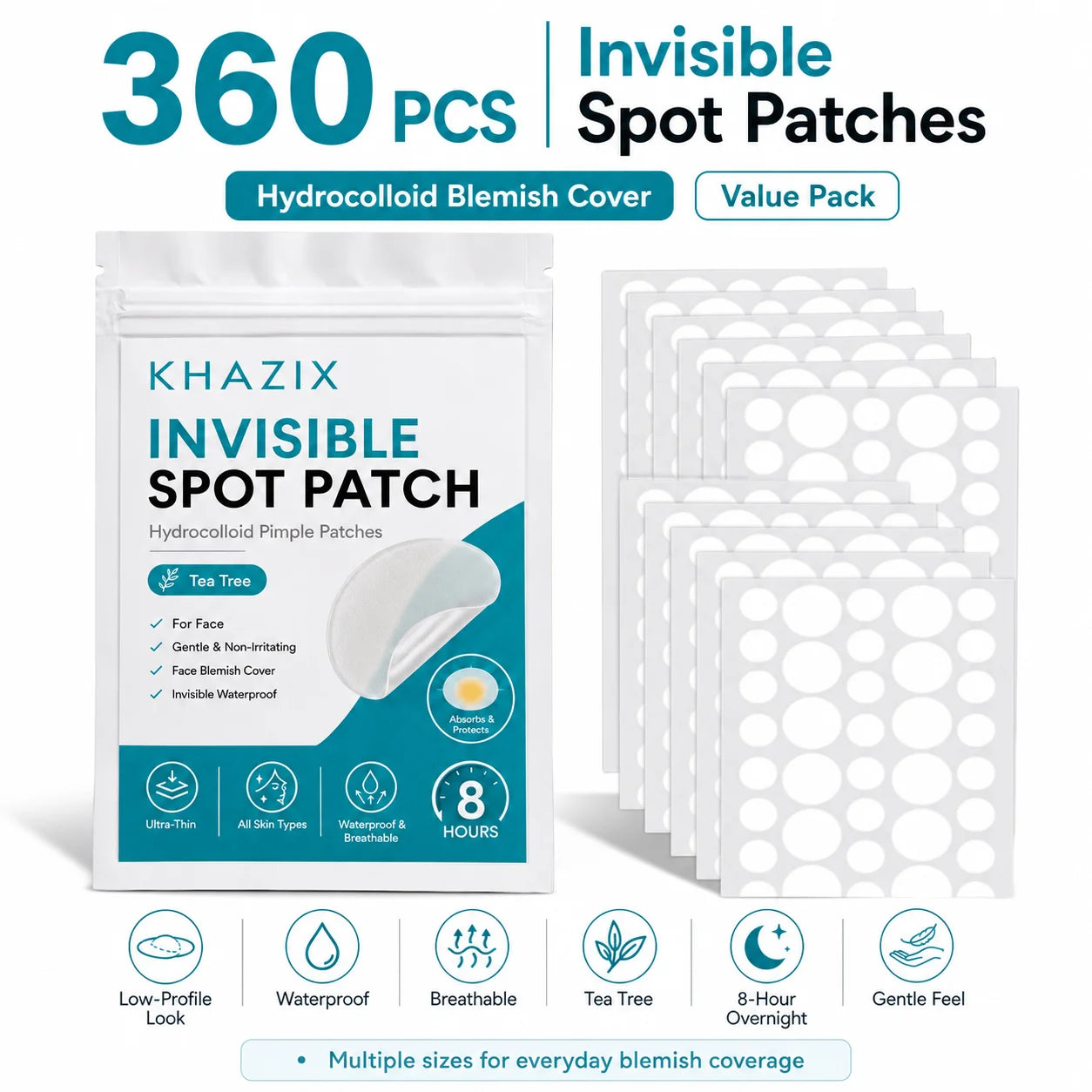 144/360pcs Hydrocolloid Acne Patches,  Original Pimple Patch, Invisible Waterproof, Tea Tree, Overnight Acne Care for Teens Adul