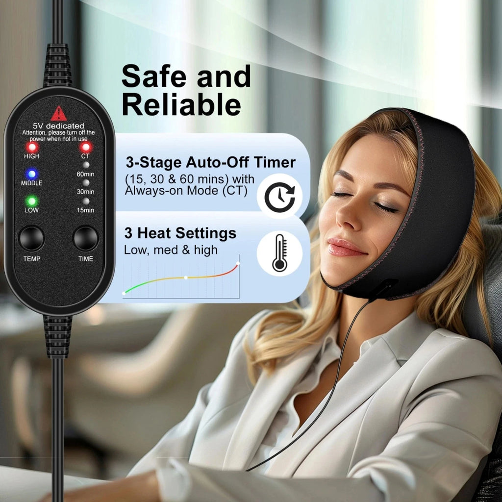 Woman wearing a black adjustable jaw heating pad with a wired remote control showing 3 heat and timer settings.