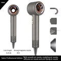 Grey negative ion hair dryer with 4 magnetic nozzles, professional salon-grade leafless design and 3.3m power cord.