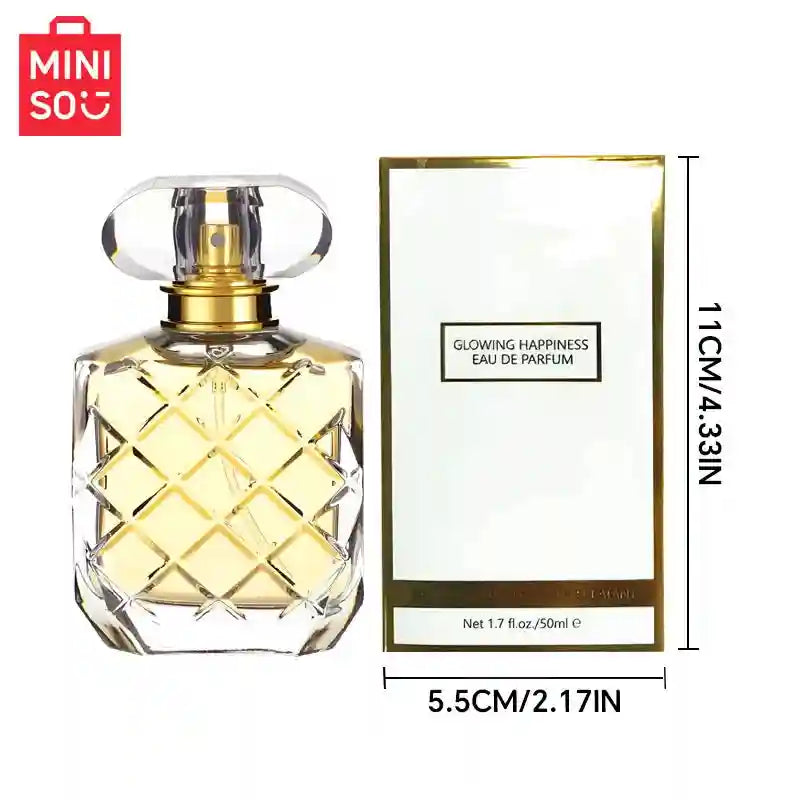 MINISO Glowing Happiness 50ml EDP: Floral-fruity luxury perfume for women in a square, quilted-glass bottle design.