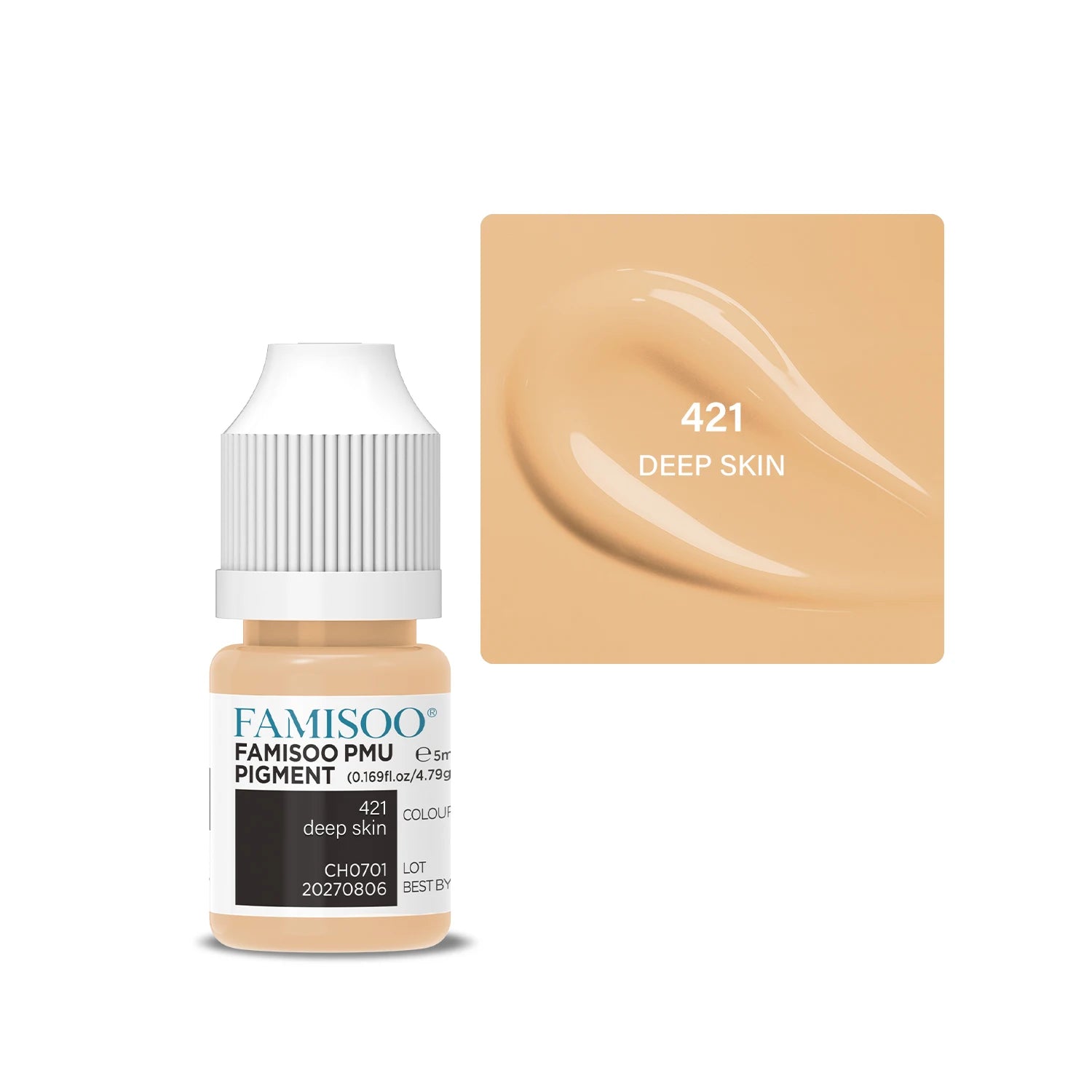 5ml bottle of 421 Deep Skin PMU pigment with a white cap, alongside a swatch of the light tan liquid color.