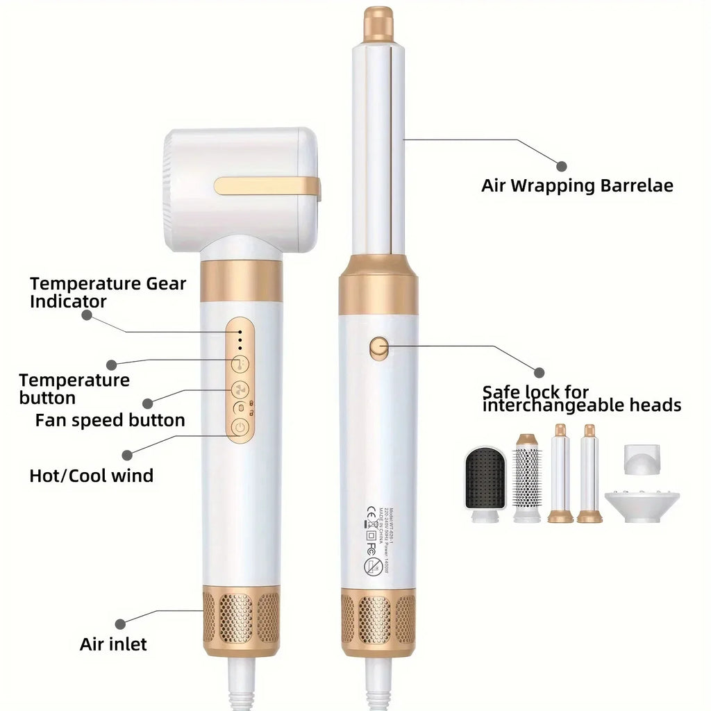 TINSOL 7-in-1 white and gold hair dryer and curling set with interchangeable heads, air barrels, and heat controls.