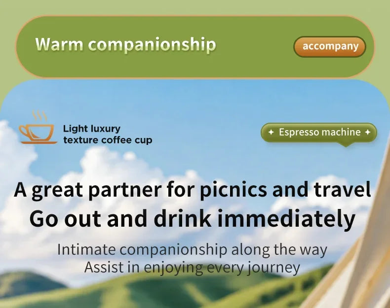 Portable travel espresso machine for picnics, light luxury design, perfect for brewing fresh coffee on the go.