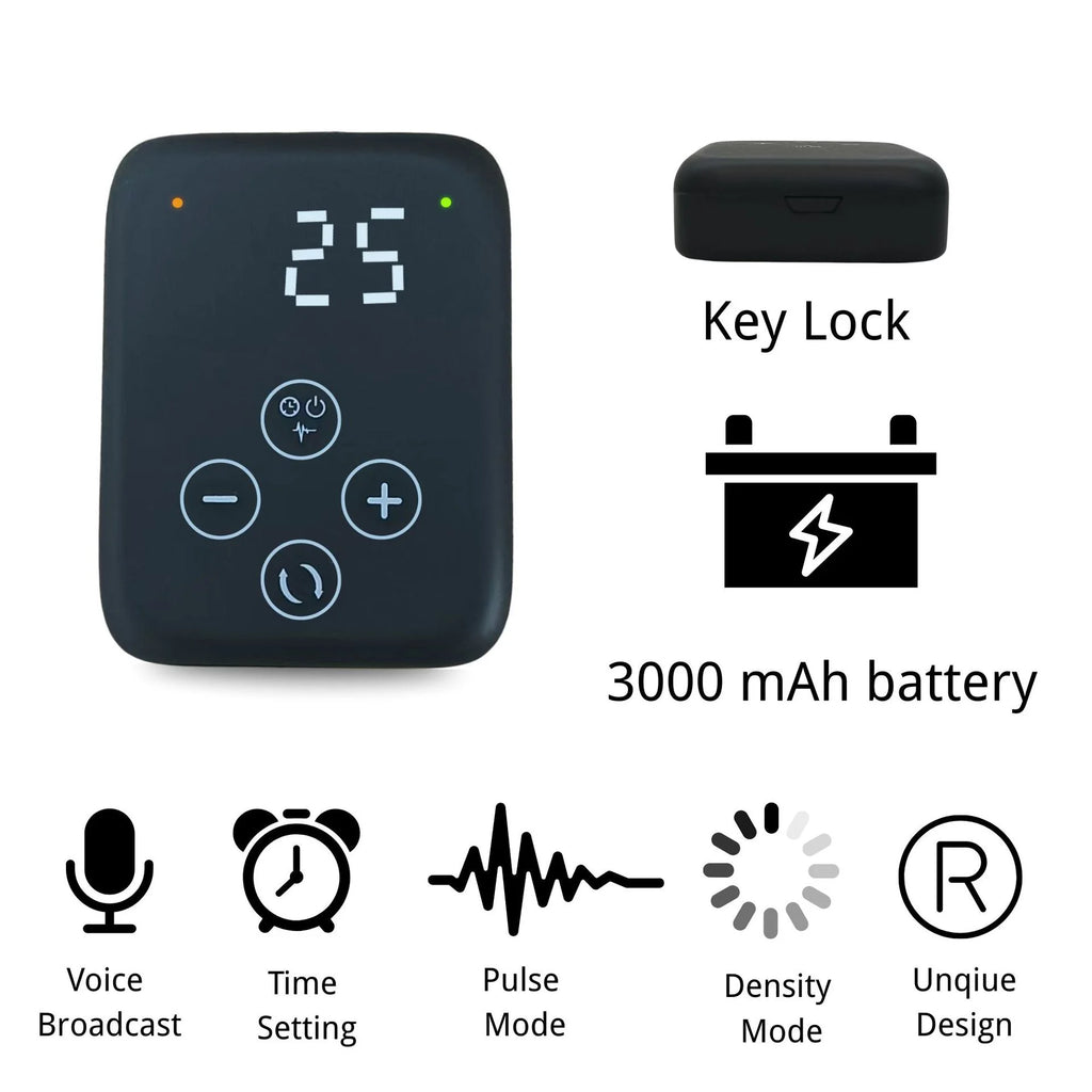 Black wireless controller for red light therapy slippers with digital display, 3000mAh battery, and mode settings.