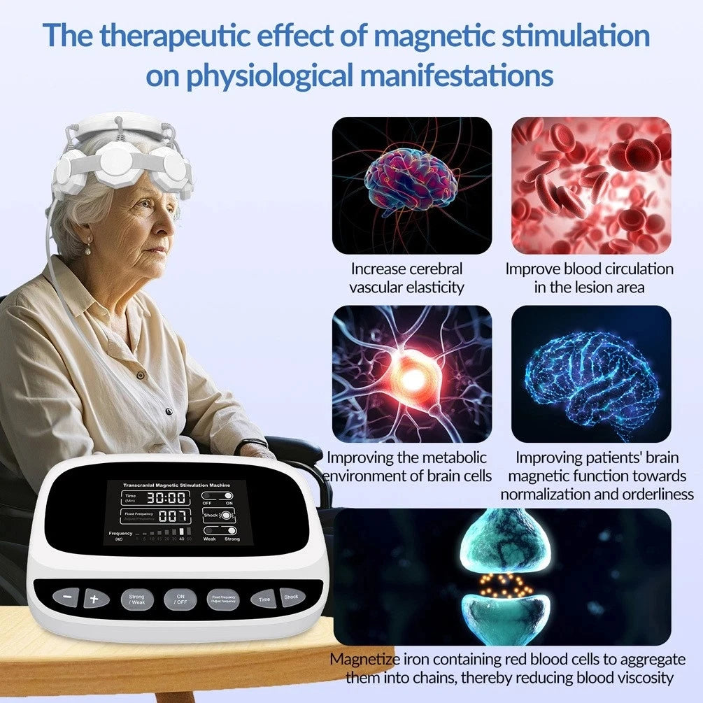Senior woman wearing GOVW non-invasive neurofeedback RTMS device with digital control console for brain health therapy.