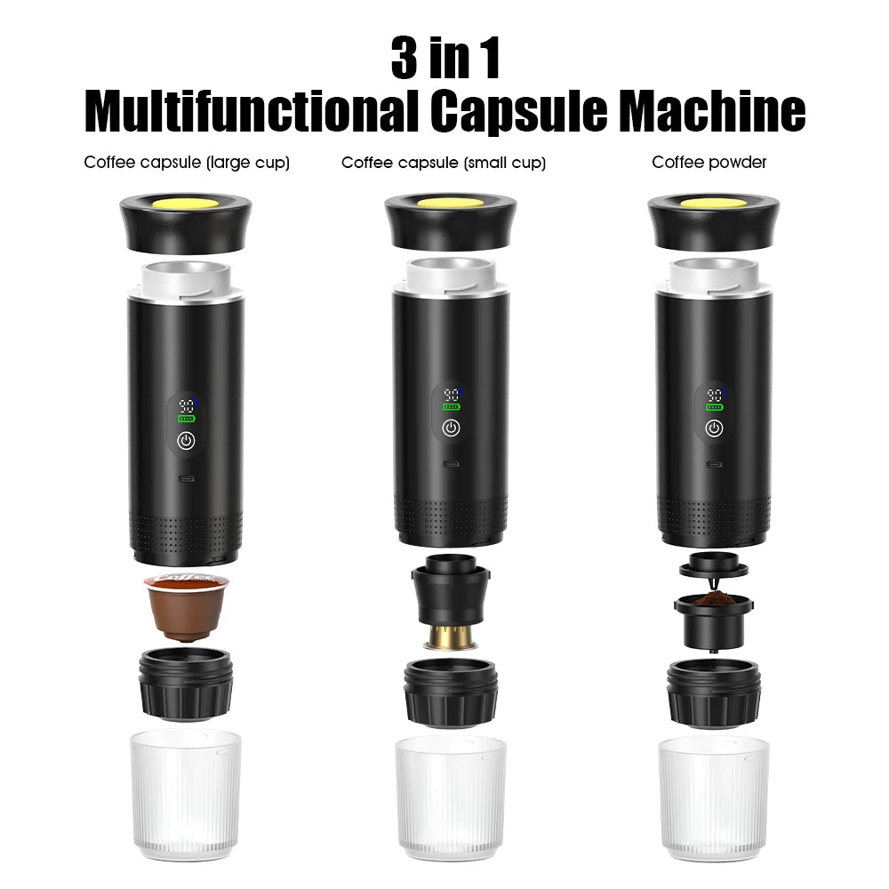 3-in-1 portable black coffee capsule machine with digital display for pods or coffee powder with glass cup.