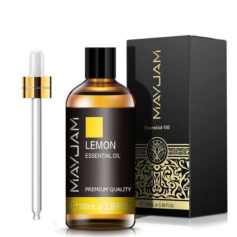 100 mL lemon essential oil bottle with gold cap and matching dropper